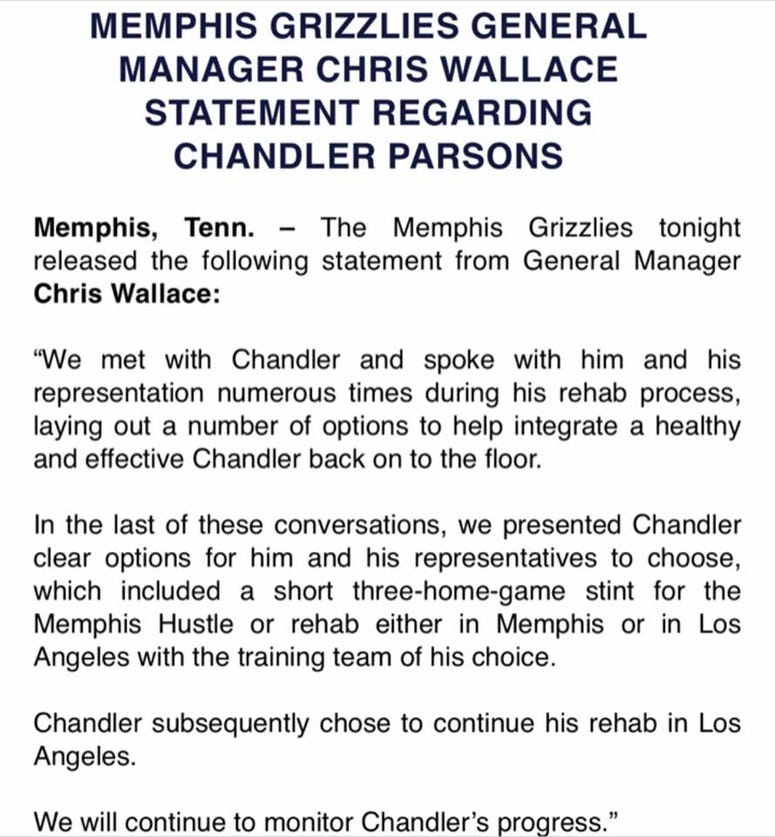 Grizzlies statement on Parsons 1/6/19