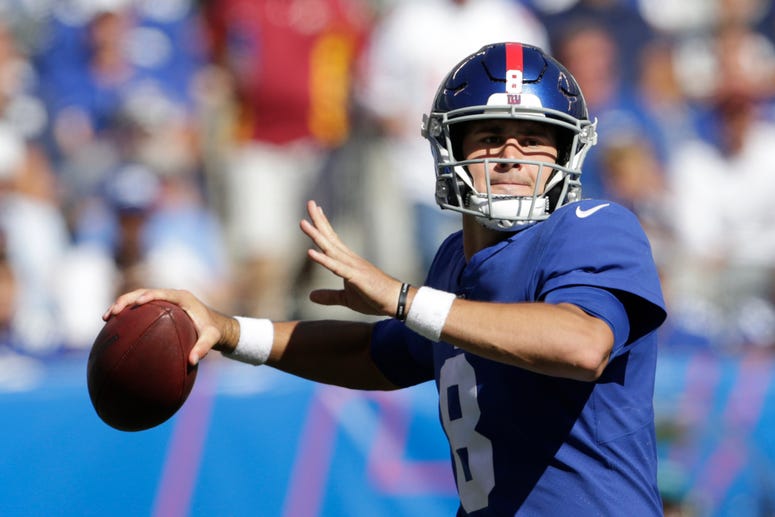 New York Giants quarterback Daniel Jones looks to pass during the second half of an NFL football game against the Washington Redskins, Sunday, Sept. 29, 2019, in East Rutherford, N.J.