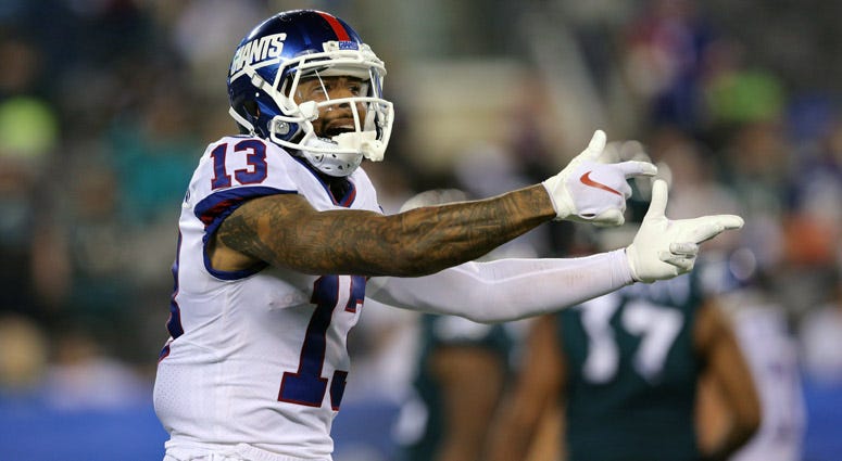 Giants wide receiver Odell Beckham Jr. reacts against the Philadelphia Eagles on Oct. 11, 2018, at MetLife Stadium.