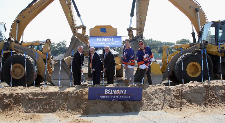 Islanders General Manager Lou Lamoriello, co-owner Jon Ledecky, coach Barry Trotz and captain Anders Lee and goaltender Thomas Greiss take part in the groundbreaking ceremony for the new hockey arena at Belmont Park on September 23, 2019.