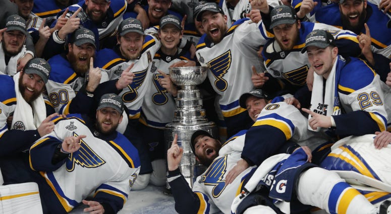 The St. Louis Blues celebrate winning the Stanley Cup