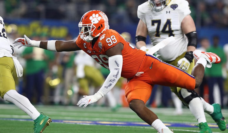 Clemson Tigers defensive end Clelin Ferrell (99) in action during the second half against the Norte Dame Fighting Irish in the 2018 Cotton Bowl college football playoff semifinal game at AT&T Stadium. 