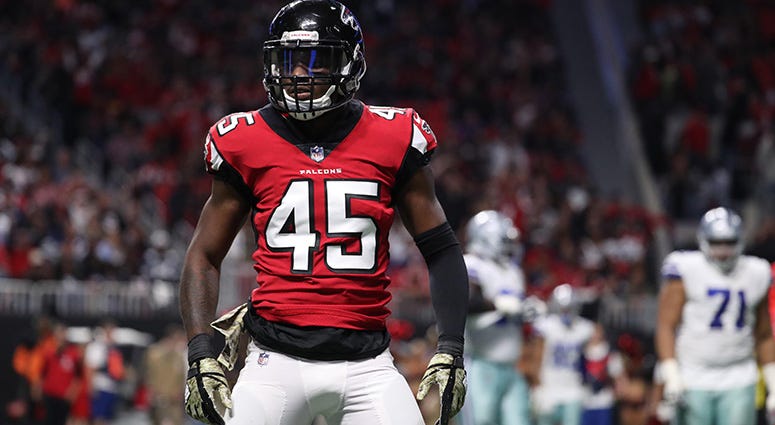 Nov 12, 2017; Atlanta, GA, USA; Atlanta Falcons linebacker Deion Jones (45) celebrates a tack in the fourth quarter against the Dallas Cowboys at Mercedes-Benz Stadium. Mandatory Credit: Jason Getz-USA TODAY Sports Nov 12, 2017; Atlanta, GA, USA; Atlanta Falcons linebacker Deion Jones (45) celebrates a tack in the fourth quarter against the Dallas Cowboys at Mercedes-Benz Stadium. Mandatory Credit: Jason Getz-USA TODAY Sports