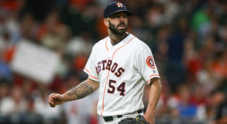 The Astros' Mike Fiers walks off the mound after pitching against the Washington Nationals on Aug. 23, 2017, at Minute Maid Park in Houston.