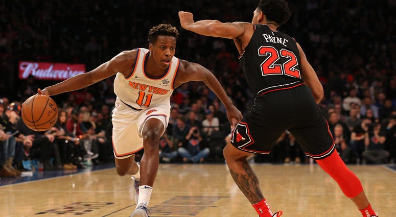 Knicks point guard Frank Ntilikina controls the ball against Chicago Bulls point guard Cameron Payne on Nov. 5, 2018, at Madison Square Garden. 