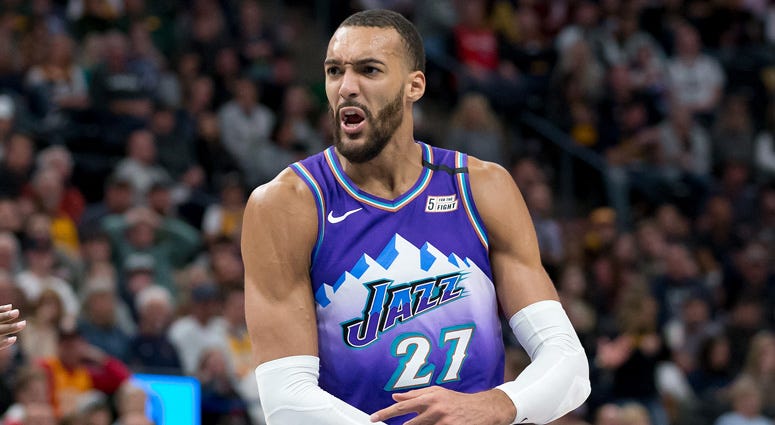 Utah Jazz center Rudy Gobert reacts to a call against the Boston Celtics on Feb. 27, 2020 in Salt Lake City, Utah.