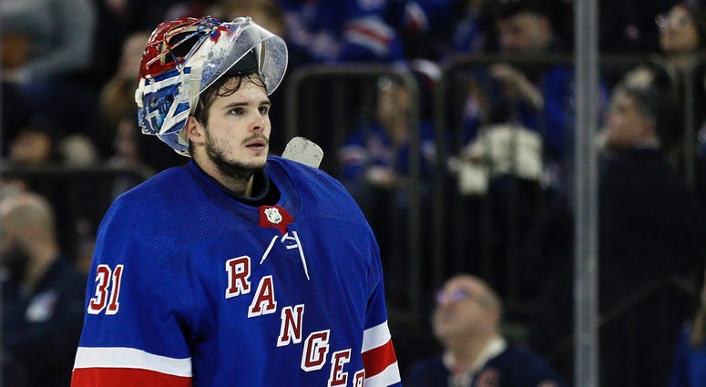 New York Rangers goaltender Igor Shesterkin (31) during a break in action in the third period against the Columbus Blue Jackets at Madison Square Garden