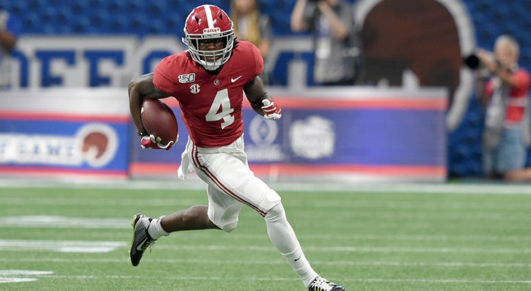 Alabama wide receiver Jerry Jeudy carries the ball up the field against Duke on Aug. 31, 2019, at Mercedes-Benz Stadium in Atlanta. 