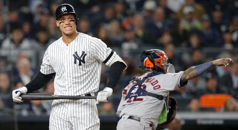 Yankees right fielder Aaron Judge reacts after striking out in Game 3 of the ALCS on Oct. 15, 2019, at Yankee Stadium. 