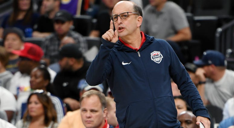 Head coach Jeff Van Gundy of the 2019 USA Men's Select Team yells to players during the 2019 USA Basketball Men's National Team Blue-White exhibition game at T-Mobile Arena on August 9, 2019 in Las Vegas, Nevada.