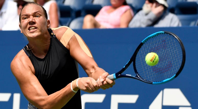  Kaia Kanepi hits to Simona Halep (not pictured) on Day 1 of the U.S. Open on Aug. 27, 2018, at USTA Billie Jean King National Tennis Center.