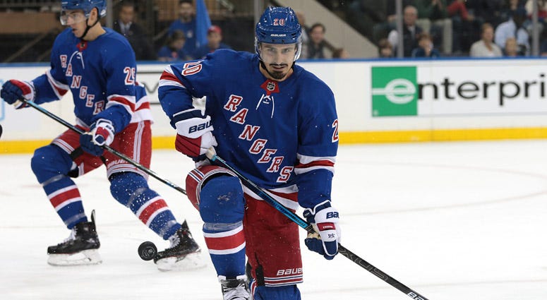 Rangers center Chris Kreider reacts after being hit in the leg by a shot against the Edmonton Oilers on Oct. 12, 2019, at Madison Square Garden.