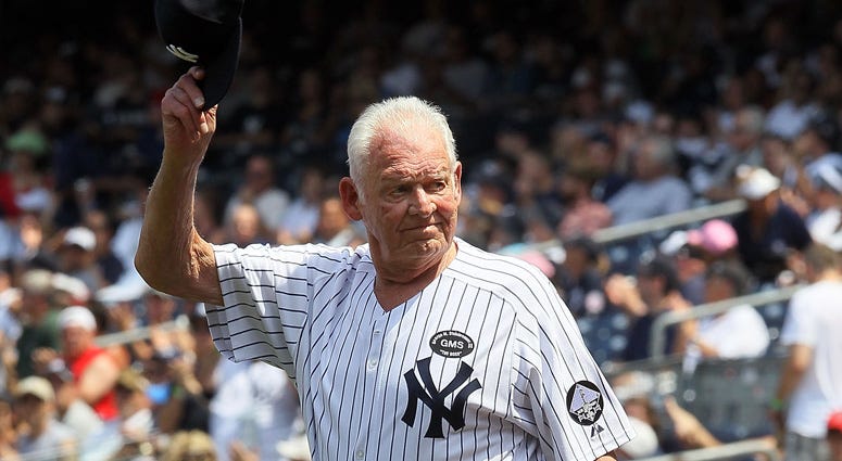 Former New York Yankee Don Larsen is introduced during the team's 64th Old-Timers' Day on July 17, 2010, at Yankee Stadium. 