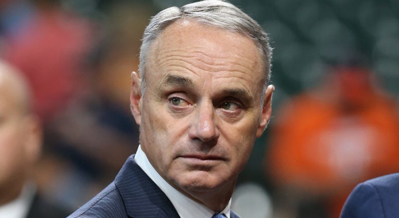  MLB commissioner Rob Manfred looks on before Game 2 of the World Series between the Astros and Nationals on Oct. 23, 2019, at Minute Maid Park in Houston.
