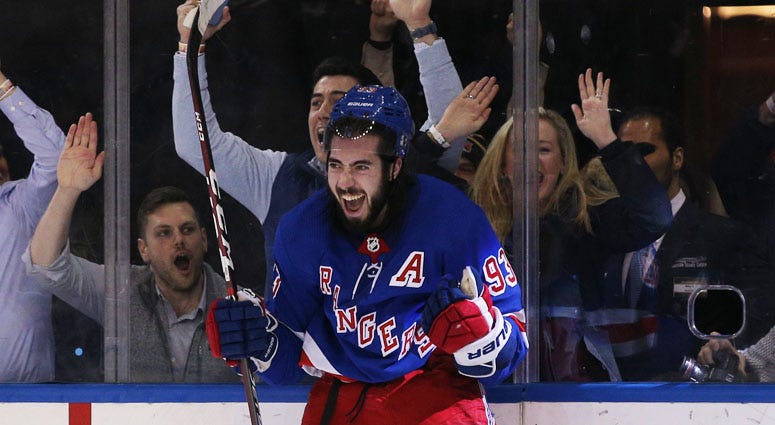 Rangers center Mika Zibanejad celebrates his game-winning goal against the Washington Capitals during overtime on March 5, 2020, at Madison Square Garden.  