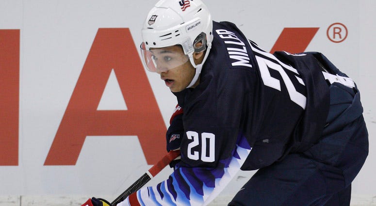 K'Andre Miller of United States skates against Slovakia during the IIHF World Junior Championships at the Save-on-Foods Memorial Centre on Dec. 26, 2018, in Victoria, British Columbia. 
