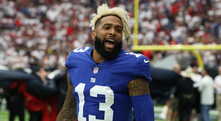 Odell Beckham Jr. of the Giants reacts against the Carolina Panthers on Oct. 7, 2018, at Bank of America Stadium on Oct. 7, 2018 in Charlotte, North Carolina.