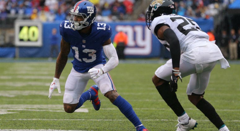 Odell Beckham Jr. runs a route against Jalen Ramsey during the second quarter at MetLife Stadium.