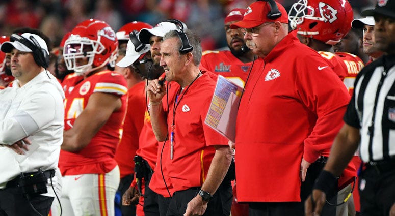 Chiefs defensive coordinator Steve Spagnuolo during the second quarter against the San Francisco 49ers in Super Bowl LIV at Hard Rock Stadium in Miami on Feb. 2, 2020 
