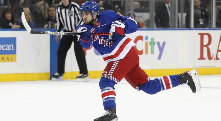 Tony DeAngelo of the Rangers scores his hattrick goal on the power-play at 15:02 of the second period against the Devils at Madison Square Garden on January 09, 2020 in New York City.