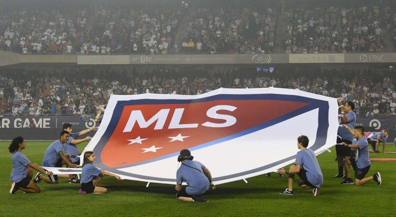 A view of the MLS logo on the field before the 2017 MLS All Star Game on Aug 2, 2017 at Soldier Field.