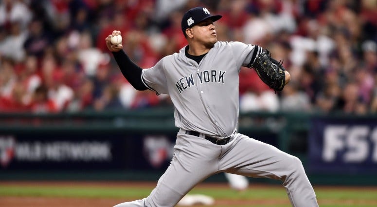 New York Yankees relief pitcher Dellin Betances (68) pitches in the eighth inning against the Cleveland Indians in game one of the 2017 ALDS on Oct 5, 2017 at Progressive Field.