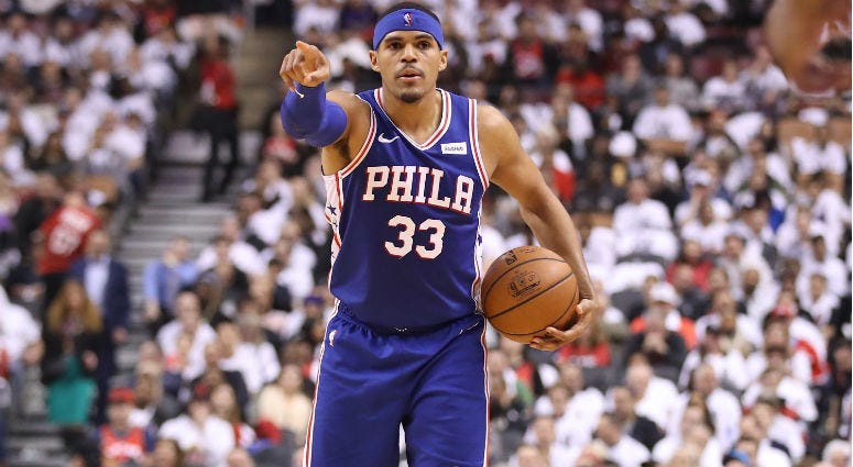 Tobias Harris gestures from the court in the third quarter against the Toronto Raptors in game two of the second round of the 2019 NBA Playoffs at Scotiabank Arena.