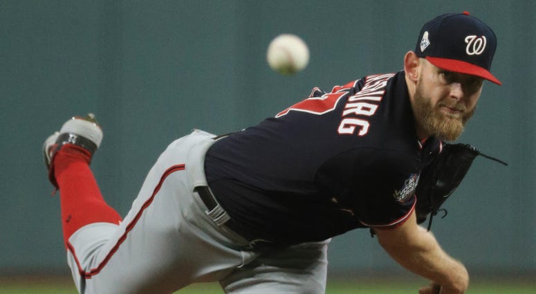 Stephen Strasburg throws a pitch against the Houston Astros in the first inning in game six of the 2019 World Series Oct 29, 2019; Houston, TX
