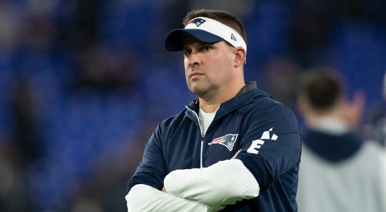 New England Patriots offensive coordinator Josh McDaniels stands on the field during warms up before the game against the Baltimore Ravens on Nov 3, 2019 at M&T Bank Stadium.