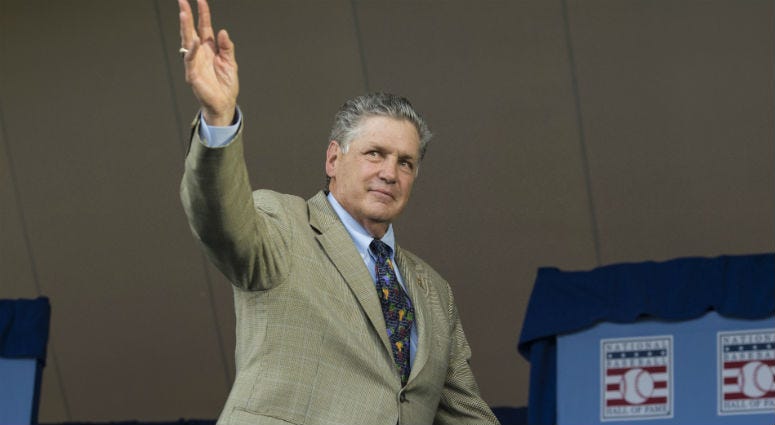 Tom Seaver waves to the crowd after being introduced during the Hall of Fame Induction Ceremonies at Clark Sports Center. 