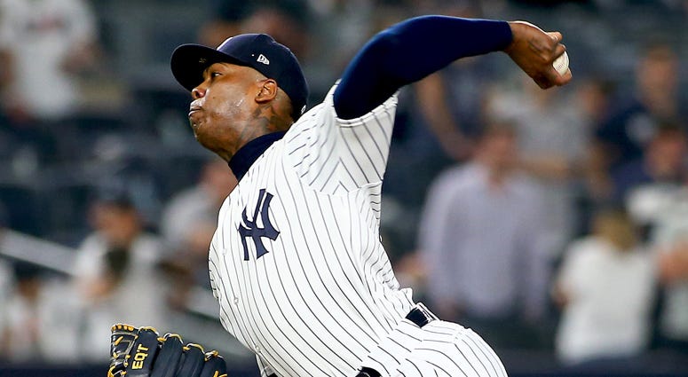 The Yankees' Aroldis Chapman pitches against the Cleveland Indians on May 4, 2018, at Yankee Stadium.