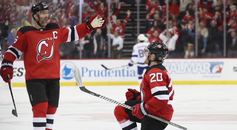 Blake Coleman, right, and Andy Greene of the New Jersey Devils