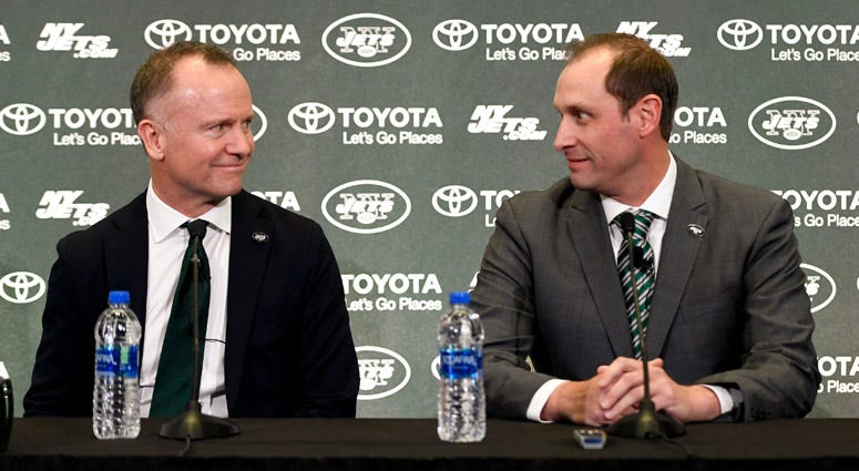 Jets Chairman and CEO Christopher Johnson (left) and coach Adam Gase
