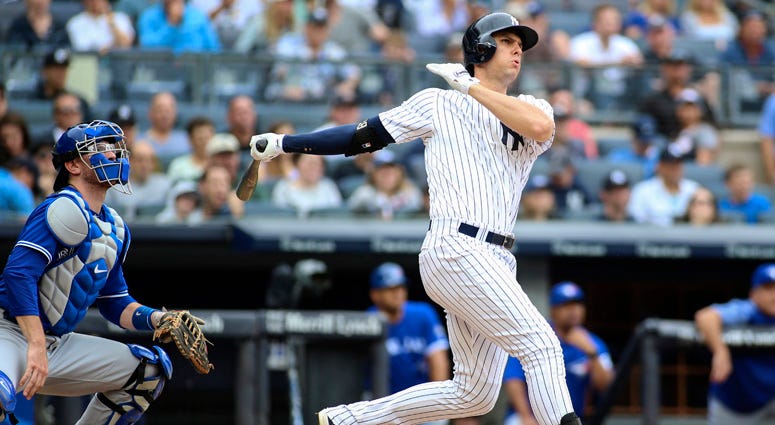The Yankees' Greg Bird hits a grand slam against the Toronto Blue Jays on Aug. 19, 2018, at Yankee Stadium.
