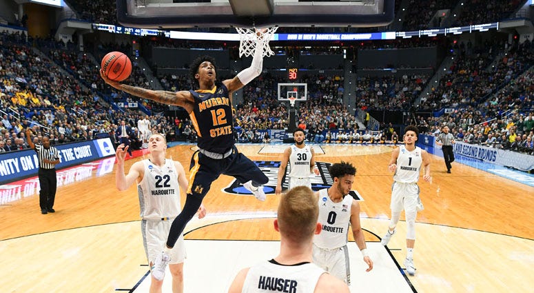 Murray State's Ja Morant dunks against Marquette during the first round of the NCAA Tournament on March 22, 2019, in Hartford, Connecticut.