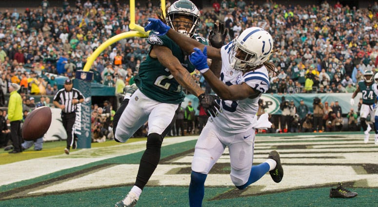  Indianapolis Colts wide receiver T.Y. Hilton (13) is unable to catch the ball while being defended by Philadelphia Eagles cornerback Ronald Darby (21) during the fourth quarter at Lincoln Financial Field on Sept. 23, 2018.