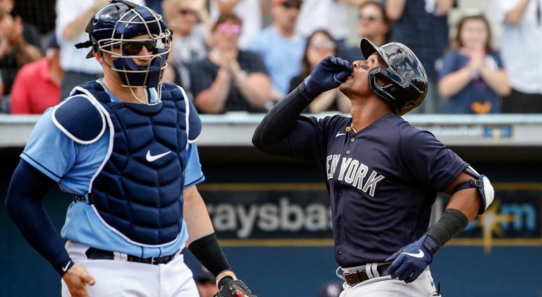 Yankees third baseman Miguel Andujar celebrates after hitting a home run against the Tampa Bay Rays on Feb. 23, 2020, at Charlotte Sports Park in Port Charlotte, Florida. 