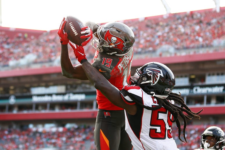 Breshad Perriman of the Tampa Bay Buccaneers catches a touchdown pass against the Atlanta Falcons during the first half at Raymond James Stadium on December 29, 2019 in Tampa, Florida.