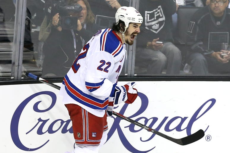 Brian Boyle of the Rangers celebrates his second period goal past goaltender Jonathan Quick #32 of the Los Angeles Kings during Game Five of the 2014 Stanley Cup Final at Staples Center on June 13, 2014 in Los Angeles, California.