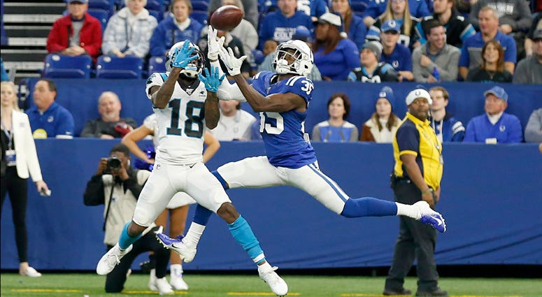 Pierre Desir of the Indianapolis Colts intercepts the ball in the game against the Carolina Panthers during the fourth quarter at Lucas Oil Stadium on Dec. 22, 2019, in Indianapolis. Pierre Desir of the Indianapolis Colts intercepts the ball in the game against the Carolina Panthers during the fourth quarter at Lucas Oil Stadium on Dec. 22, 2019, in Indianapolis.