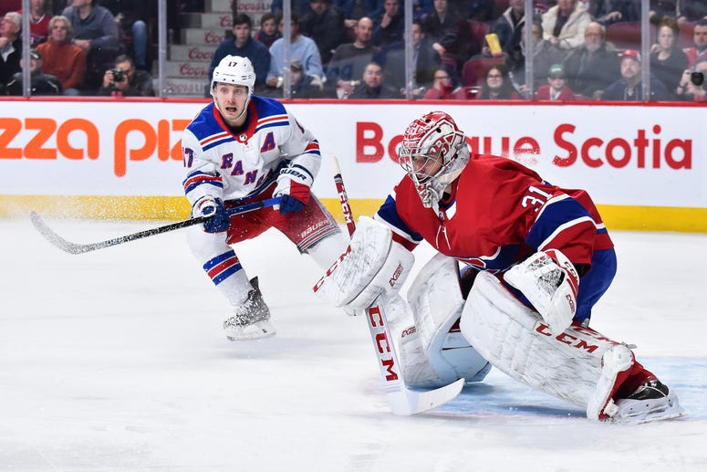 Goaltender Carey Price #31 of the Montreal Canadiens tends goal near Jesper Fast of the Rangers during the first period at the Bell Centre on February 27, 2020 in Montreal, Canada.