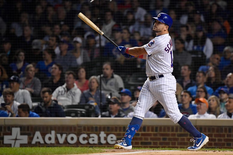 Kyle Schwarber of the Chicago Cubs hits a three run home run in the first inning against the Cincinnati Reds at Wrigley Field on September 16, 2019 in Chicago, Illinois.