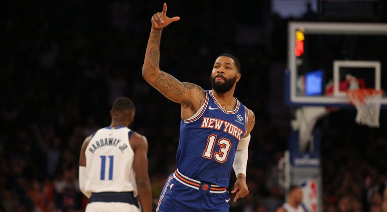 Knicks small forward Marcus Morris reacts after a 3-point shot against the Dallas Mavericks on Nov. 14, 2019, at Madison Square Garden.