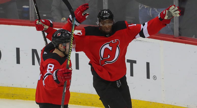 Devils right wing Wayne Simmonds celebrates his goal during the third period against the Detroit Red Wings on Feb. 13, 2020, at the Prudential Center in Newark.  