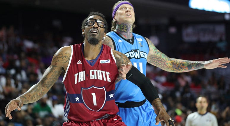 Amar'e Stoudemire of Tri-State boxes out against Chris Andersen of the Power during a Big3 game on June 30, 2019, in Philadelphia. 