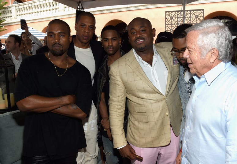 Recording artists Kanye West, Jay-Z, Big Sean, Steve Stoute and Patriots owner Robert Kraft attend Roc Nation and Three Six Zero Pre-GRAMMY Brunch 2015 at Private Residence on February 7, 2015 in Beverly Hills, California.