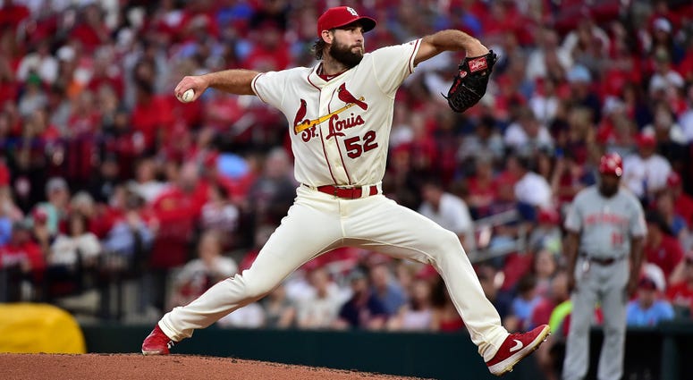 Cardinals starting pitcher Michael Wacha pitches during the fourth inning against the Cincinnati Reds Aug 31, 2019; St. Louis, MO