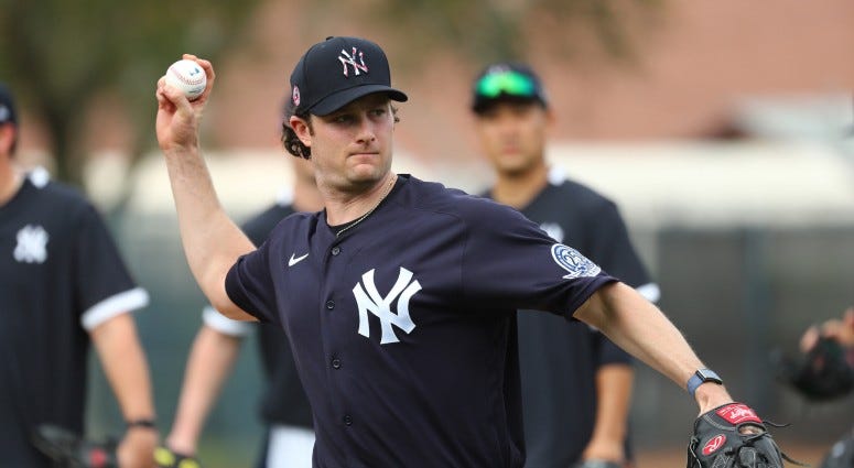 New York Yankees starting pitcher Gerrit Cole (45) works out during spring training on Feb 13, 2020 at George M. Steinbrenner Field.