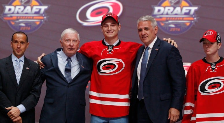 Julien Gauthier poses for a photo after being selected as the number twenty-one overall draft pick by the Carolina Hurricanes in the first round of the 2016 NHL Draft on Jun 24, 2016 at the First Niagra Center.