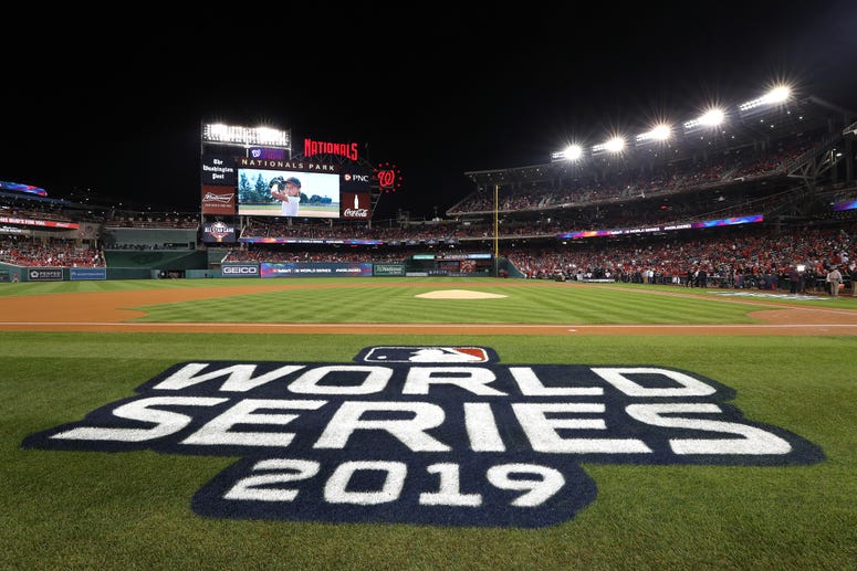 A detail of the World Series logo prior to Game Three of the 2019 World Series between the Houston Astros and the Washington Nationals at Nationals Park on October 25, 2019 in Washington, DC.